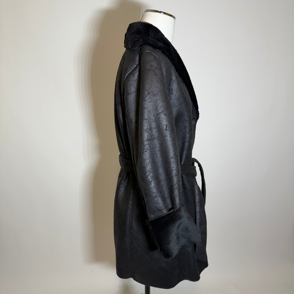Calvin Klein Faux Suede/Shearling Fur Lined Trench Coat Belted Womens XS Black - Picture 3 of 12